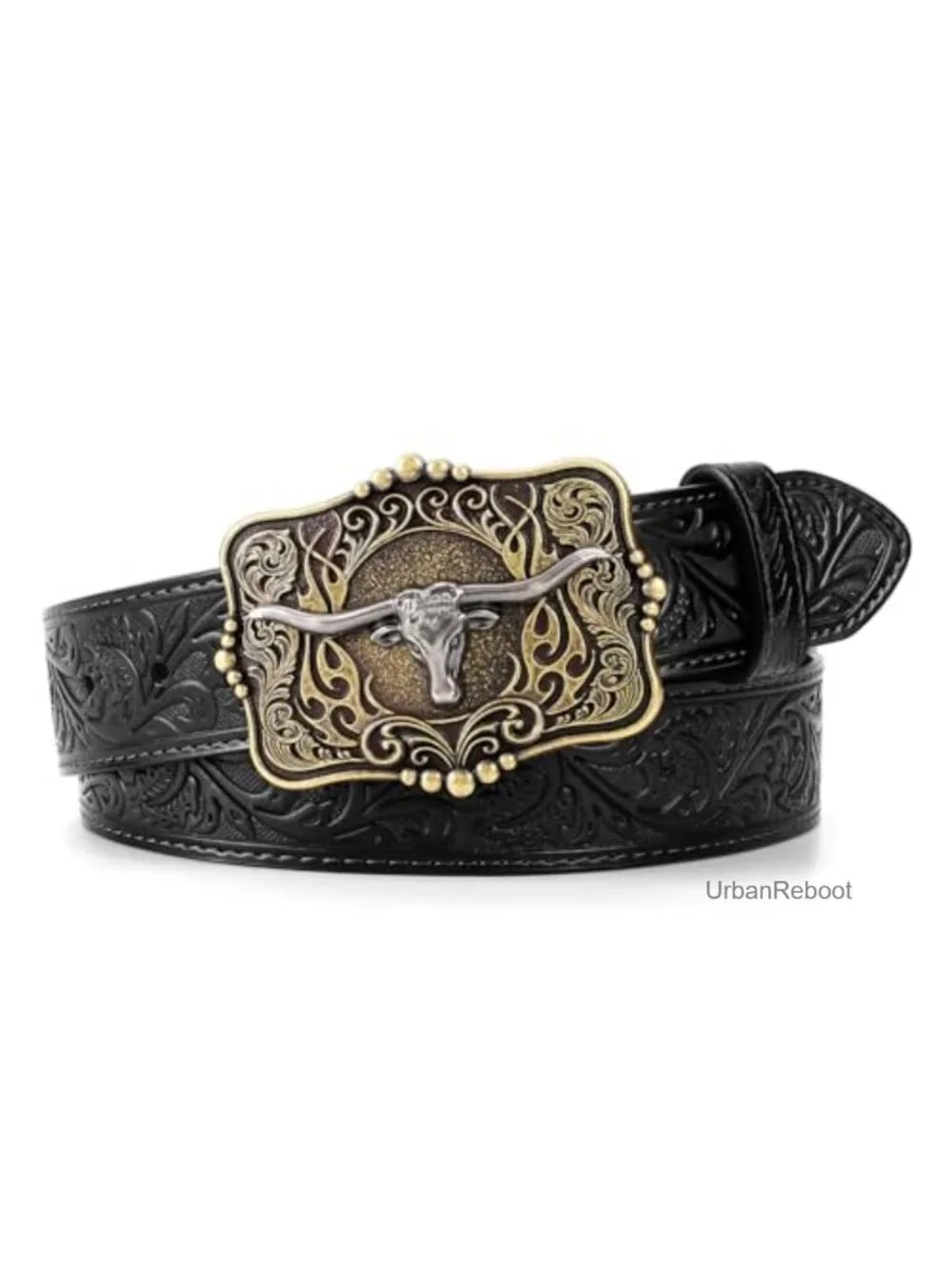 Cowboy Western Leather Belt with Longhorn Buckle